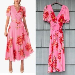 NWT Maison Tara Pink Floral Chiffon Faux Wrap Dress, Short Sleeve, 8